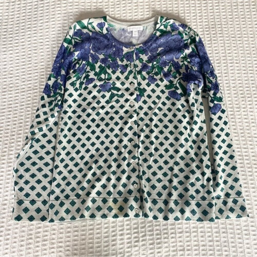 Charter club silver green and blue floral print cardigan size small